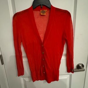 Tory Burch Red Cardigan Sweater V-Neck Fine Knit